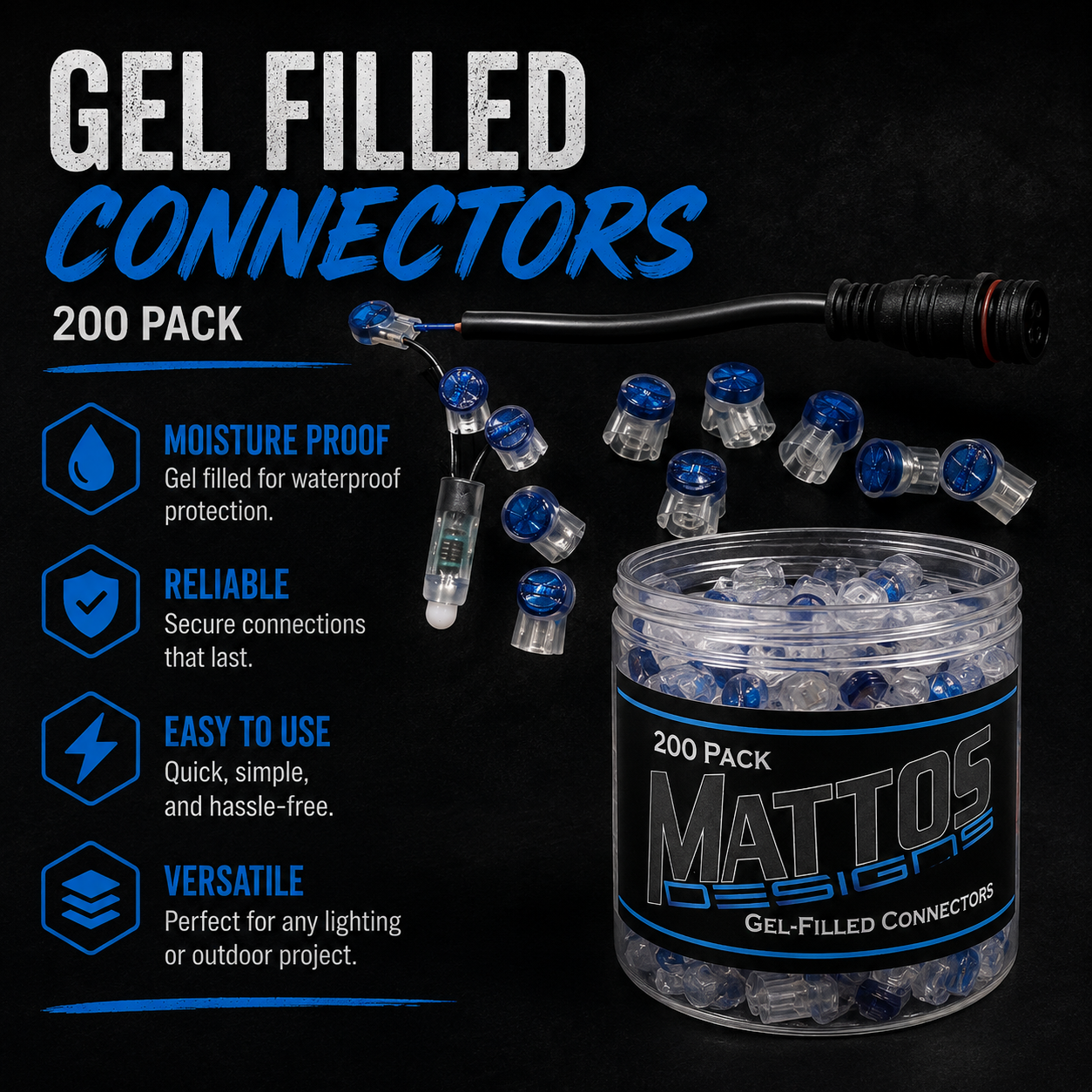 🔗 Mattos Designs™ Gel Filled Connectors 200 Pak – Reliable and Moisture-Resistant Connections 💧