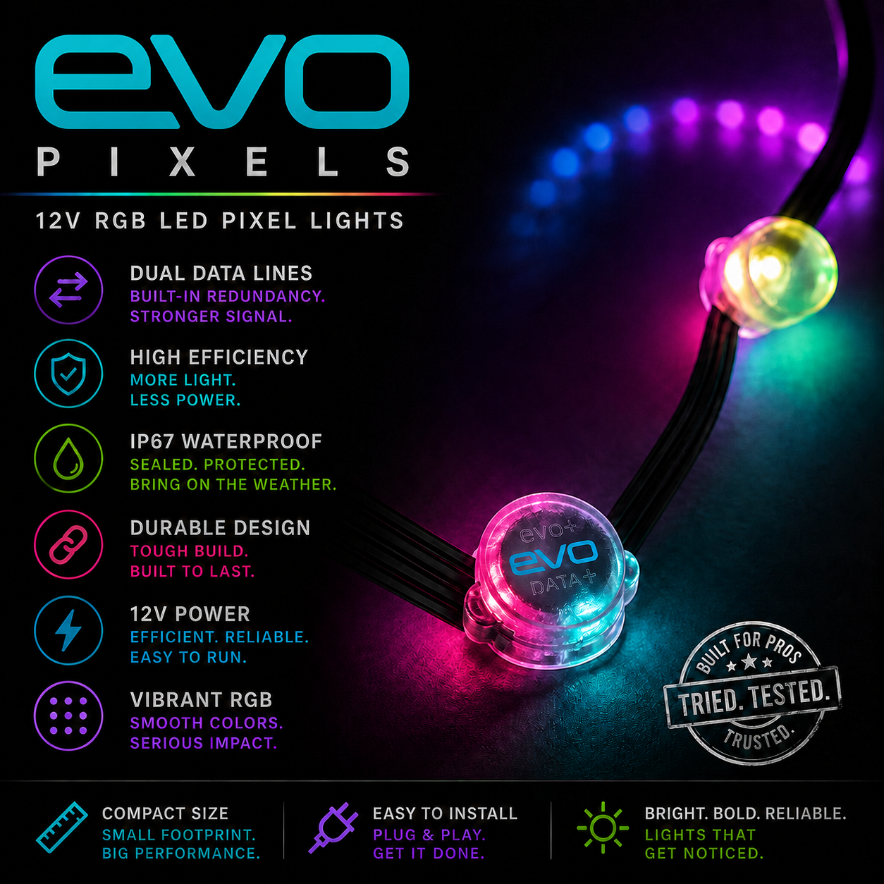 EVO+ Pixels – High-Efficiency 12V LED Pixels with Dual Data Lines, IP67 Waterproof