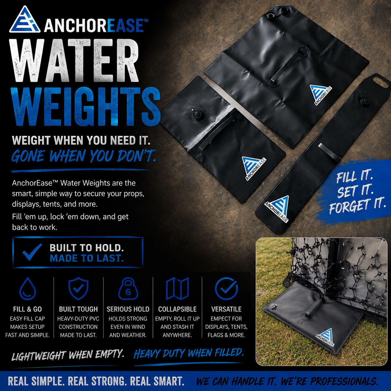 AnchorEase™ Water Weights – Durable PVC Water Bags for Securing Displays, Collapsible and Portable