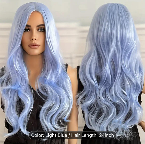 Wavy Long Curly Hair Synthetic Wig - Water Sky Light Blue - Suitable f ...